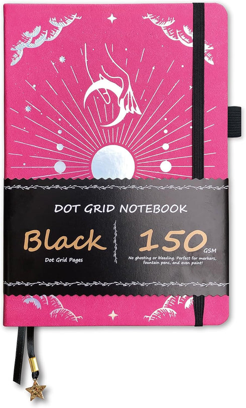 BUKE Dotted Journal - A5 Size PU Leather Hardcover Sketch Notebook, 160 Pages, 150gsm Black Paper, 5*5mm Dot Grid (Rose