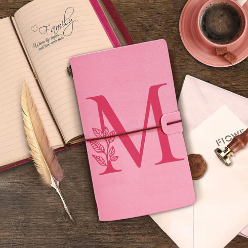 Personalized Journal Gift-Pink Initial Leather Journal+Heart Diamond Pen Set,Travel Notebook Diary Gifts,Refillable Notepads,Christmas,Birthday Gifts for Women Girls (7.9"x4.7") (M)
