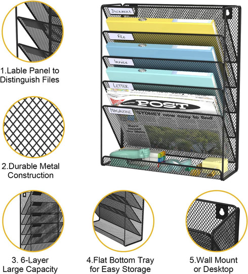Wall File Organizer, 6-Tier Mesh Hanging Mail Organizer, Vertical Office Storage Rack for Home Office, Black