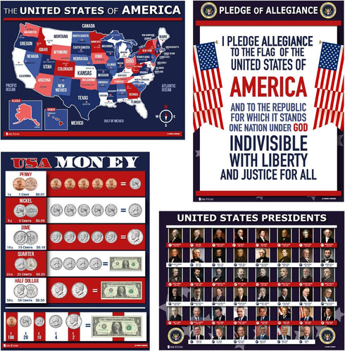 USA Charts 4 Pack LAMINATED Posters - US Money, Pledge of Allegiance, All US Presidents with Joe Biden, and US Map