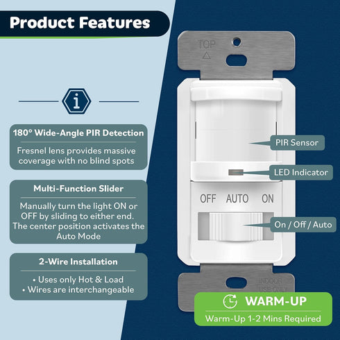 200W 150W TOPGREENER Occupancy/Vacancy PIR Motion Sensor Light Switch, CDS Sensor with Learning Function, No Neutral No