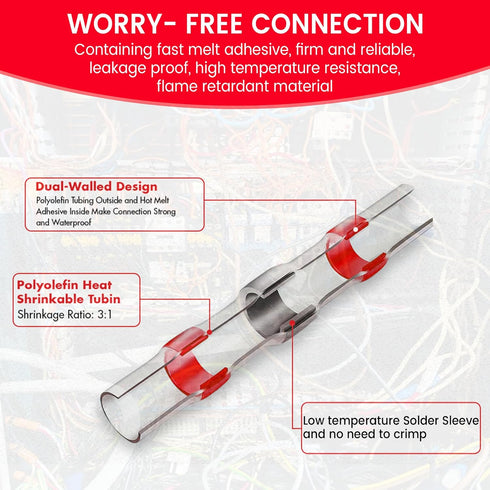 130 PCS Red Heat Shrink Butt Connectors, 22-18 AWG, Waterproof Solder Seal Wire Connectors for Automotive Marine Use