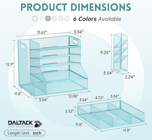 DALTACK Desk Paper Organizer with 6-Tier Tray, 3 Pen Holders, Blue, Storage Organizer for Home Office or School