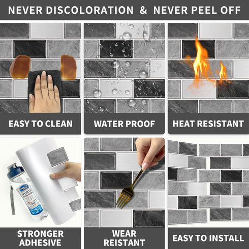 10-Sheet Kitchen,12"x12" URCOLOR Subway Tile Peel and Stick Backsplash for Self Adhesive Wall Tiles Sticker on Back