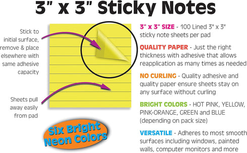 Better Office Products Lined Sticky Notes: 3 x 3, 20 Pack Box, 2,000 Sheets (100/Pad), Bright Assorted Colors