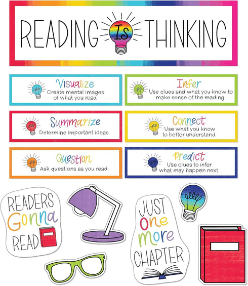 Schoolgirl Style Light Bulb Mini Bulletin Board Set, Reading Strategies, Book Decor for Classroom Decorations (31 pc)