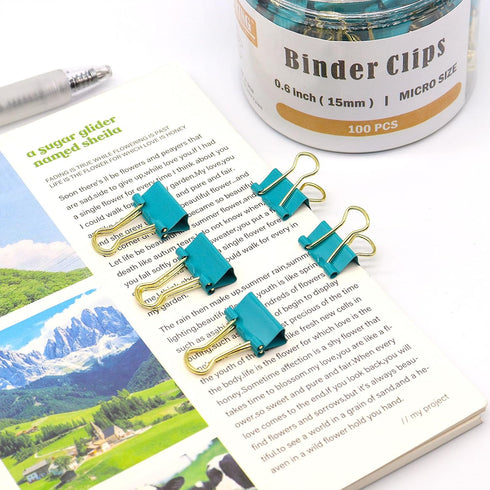 Mini Paper Clip Binder Clips, 100 Pack Small 15mm (5/8 Inch) Office Clips in Blue-Green