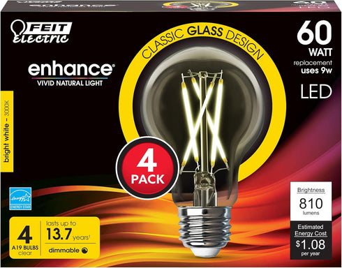 Feit Electric LED Clear A19 Light Bulb - 60W Equivalent - 810 Lumen - 3000K Bright White - Dimmable | 4-Pack