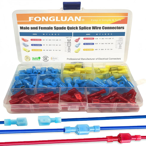 120pcs Male and Female Spade Connectors 24-10 Gauge Nylon Fully Insulated Wire Quick Disconnect Electrical Terminals