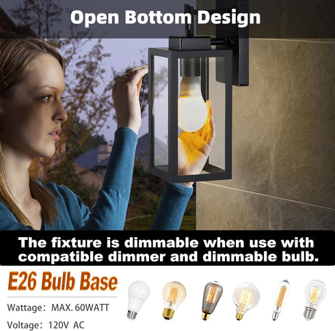 12 Lights-12 Inch Black Wall Sconce Outdoor Wall Light,Exterior Sconce Steel and Glass Outdoor Porch Light, Black