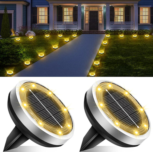 Solar Lights Outdoor Waterproof, 2 Pack 8 LED, Thickened Stainless Steel Ground