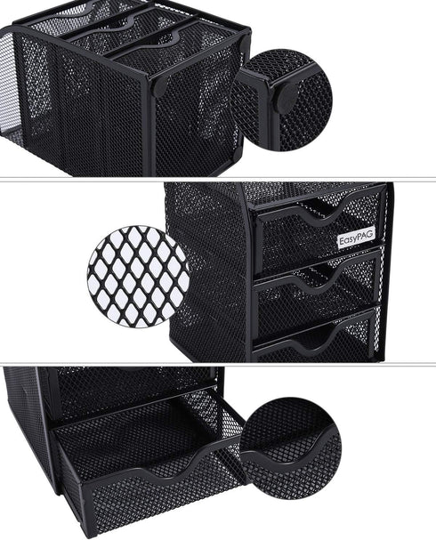 EasyPAG Mesh Desk Supplies Organizer with 3 Drawer, Office Desktop Organizers and Accessories Stationery Caddy, Black