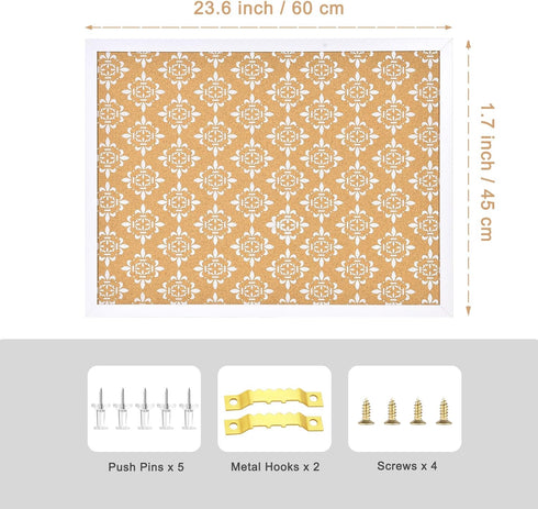 Decorative Cork Board for Walls, White Floral Print Bulletin Board with White Framed Pin Board