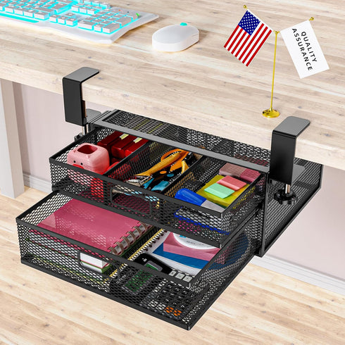 Under Desk Drawer Organizer, No Drill Metal Storage Drawer Container with 2 Slide Out Cabinets for Home and Office