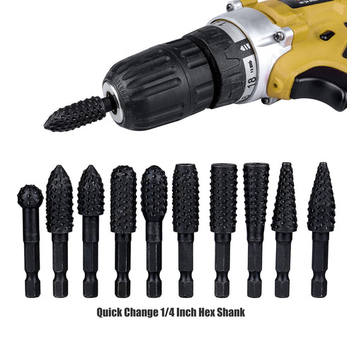 Yakamoz 10Pcs 1/4 Inch Hex Shank Rotary Rasp File Set Wood Carving Burrs Rasp Drill Bits DIY Woodworking Tool for Wood Polishing Deburring Shaping and Grooving
