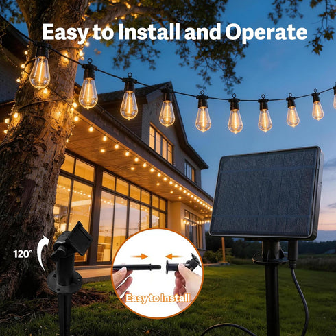 BYIZO 50FT 20 Bulbs IP65 Solar Outdoor String Lights, Waterproof Patio Lights with Solar & USB-C Dual Charging, Remote