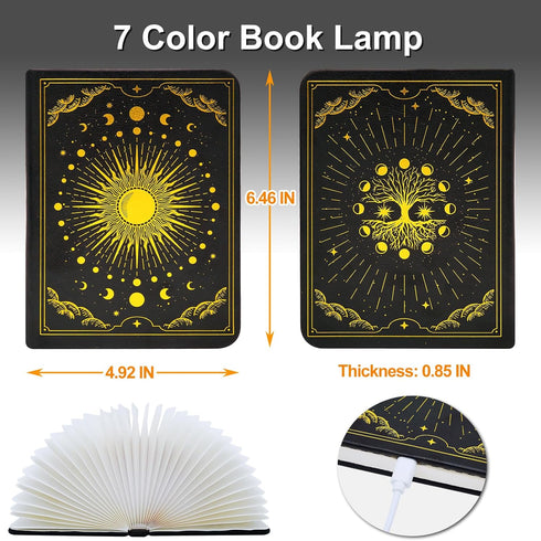 7 Foldable Book Lamp Light Decor Gift, Color LED Night Light Leather Cover USB Rechargeable, Unique Paper Book Light