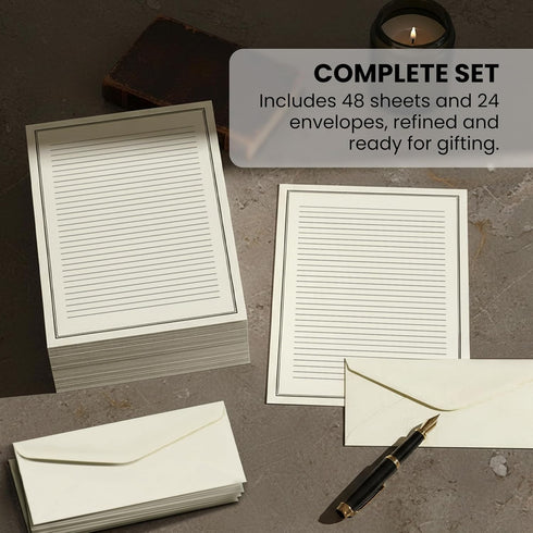 Set 48 8.5x11 Inch 24 Premium Letter Writing Stationery with Envelopes Sheets of Ecru Paper with Black Border & Writing