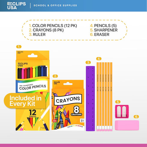 Set Set #2 (12) E-CLIPS USA Back to School Supplies Kit for Kids School Supplies school Supply Kit Colored Pencils