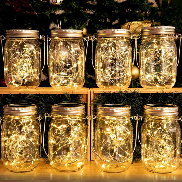 HXWEIYE 8 Pack Solar Mason Jar Lights Lanterns,Jars & Hangers Included30LED Waterproof