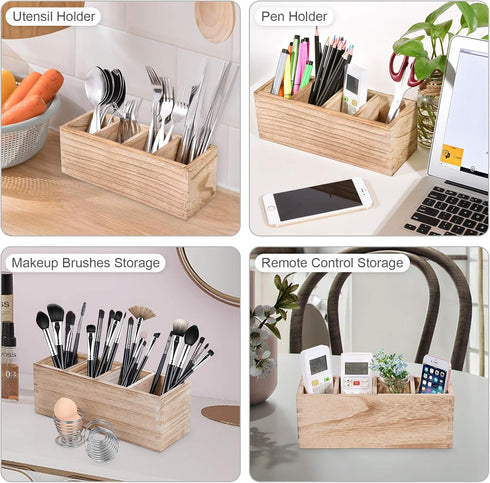 Wooden Pen Pencil Holder for Desk, 4 Compartment Rustic Rectangular Organizer, Multi-Purpose Use for Home School Office
