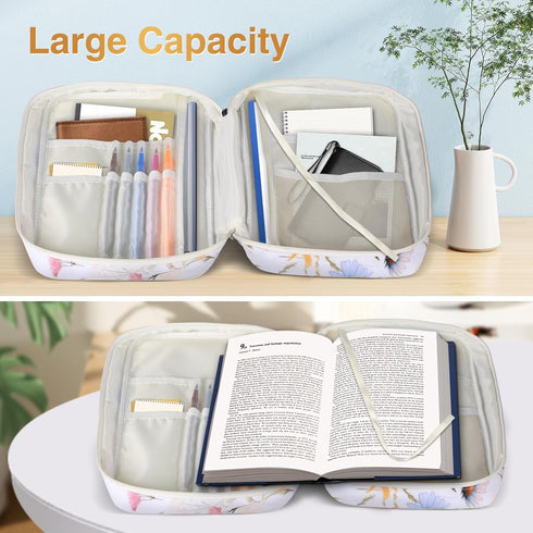 Waterproof Thick Bible Cover Case for Women, Large 11x9x3 inch White Floral Bible Cover with Strap and Zipper Pockets