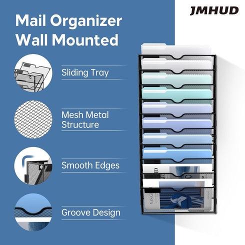 Wall File Organizer, 10 Tier Hanging Wall Holder for File Folder, Paper, and Clipboard, Black