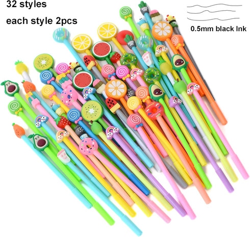 YYaaloa 64pcs Cute Cartoon Novelty Gel Ink Pens Cartoon Fruit Writing Pens 0.5 mm Black Ink Assorted Styles Fun Kawaii Pens Bulk for Kids Office School Supplies 32 Styles (64 Piece, Assorted Colors) by YYaaloa