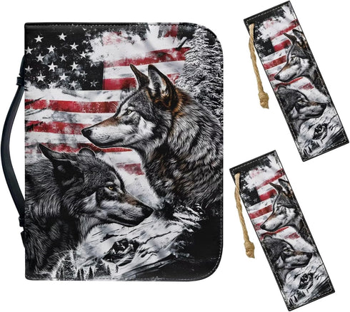 Wolf American Flag Bible Case for Men, Leather Bible Cover Bags for Adults with 2 Bookmark, Waterproof Protective