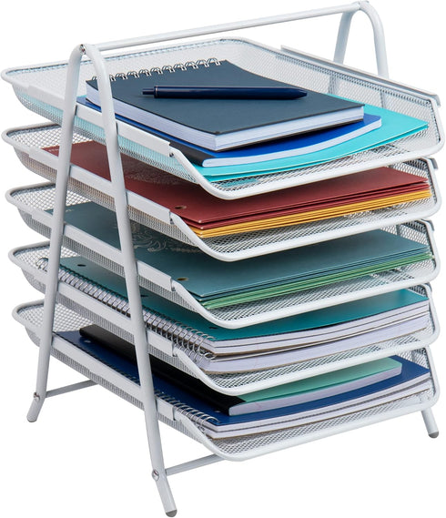 Mind Reader 5-Tier Paper Tray Desktop Organizer File Storage Metal Mesh White