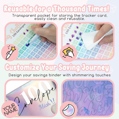 Axolotl Money Saving Challenge Binder, 100 Envelopes, A5 Budget Planner with Cash Envelopes, Laser Silver