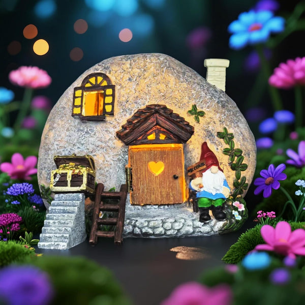 Fairy Garden Accessories Gnome House 4 Pcs Kit, Solar Statues with Openable