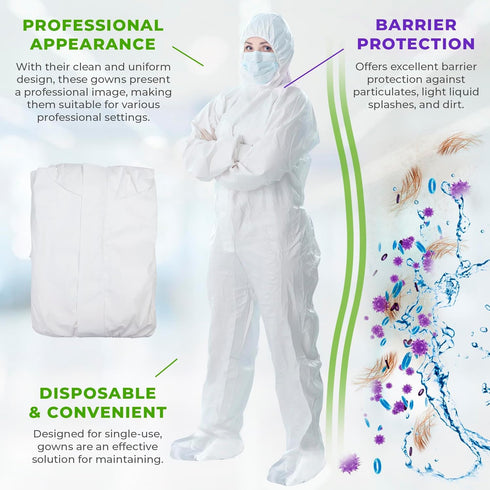 60 Pack 5, AMZ Medical Supply Disposable Coveralls with Hood & Boots, GSM White Work Coveralls, Large, of Zipper Front