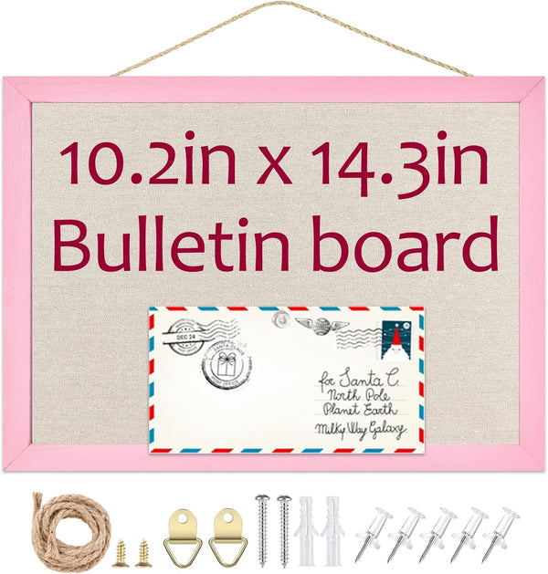 Linen Bulletin Board 10.2"x14.3", Pink Wood Frame, Beige Linen Small Pin Board for Home Kitchen Office Decor (PK-2636)