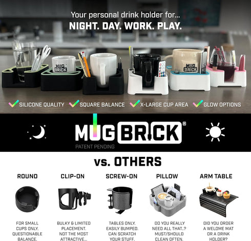 MugBrick Glowing Portable Silicone Cup Holder for Bed, Couch, Nightstand. Dishwasher Safe, Non-Spill Drink Holder