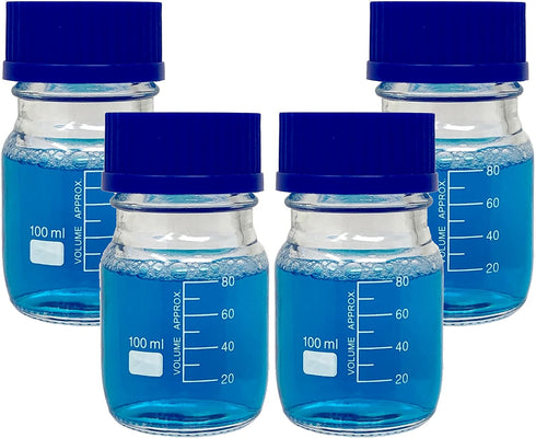 Karter Scientific 100ml Glass Round Media Storage Bottles with GL45 Screw Cap, Borosilicate Glass, Pack of 4