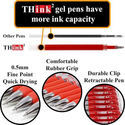 Think2 Retractable Gel Pens - 24 Red Ink Fine Point (0.5mm) Rollerball Pens with Comfort Grip