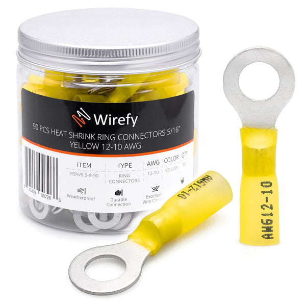 Wirefy 90 PCS Heat Shrink Ring Terminals, 5/16" Resistant Ring Connectors, Eyelet Wire Connectors, Yellow 10-12 AWG