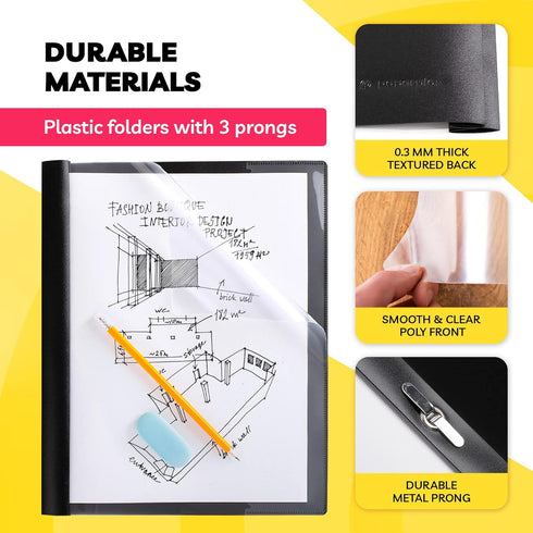 Report Covers with 3-Prong Fasteners, Clear Front Presentation Folders, 10 Set, Plastic, 8.5x11"
