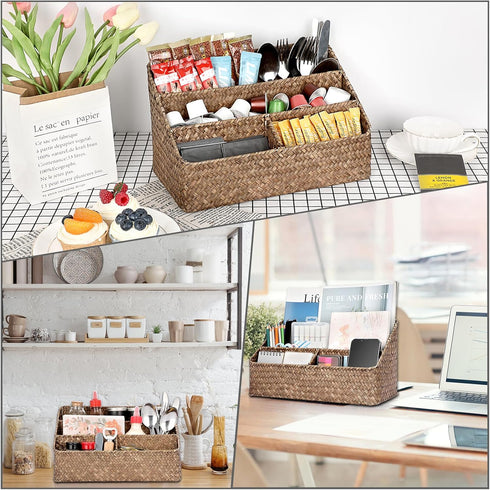 BTSKY Woven Storage Basket - Natural Seagrass Vertical Wicker Baskets with 4 Compartments, Home Office Sorter Rack