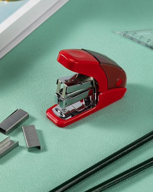Effortless Mini Stapler Set, 20 Sheet Capacity, Integrated Remover & Staple Storage, 1000 Staples, Red