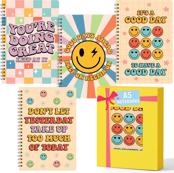 L1rabe Inspirational Spiral Notebooks, Back to School, 4 A5 Happy Face Motivational Notebooks, College Ruled Journal