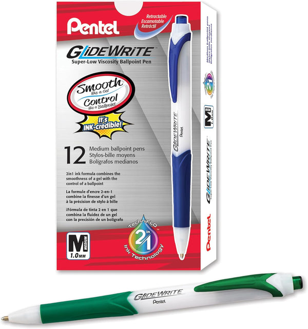 Pentel GlideWrite Ballpoint Pen with TechniFlo Ink, 1.0mm Medium Line, Green Ink, Pack of 12