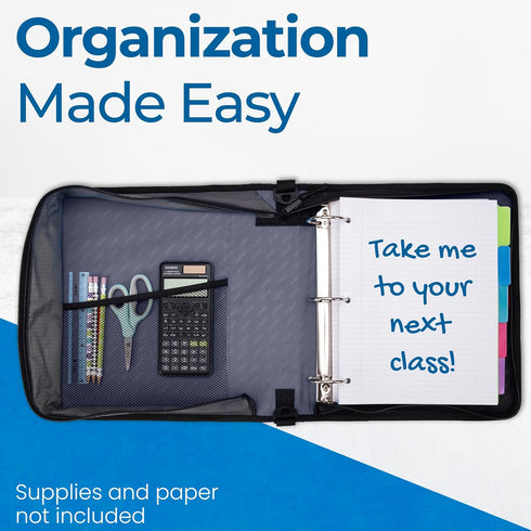 Case-it Classic Zipper Binder - 2-Inch O-Rings, 350 Sheet Capacity, Multiple Storage Pockets, Shoulder Strap