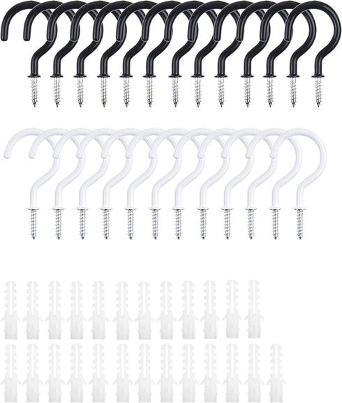 Kare Kind 25 pcs Ceiling Hooks, Rubber Coated with 13x Black and 12x White Hooks for Indoor Outdoor Use