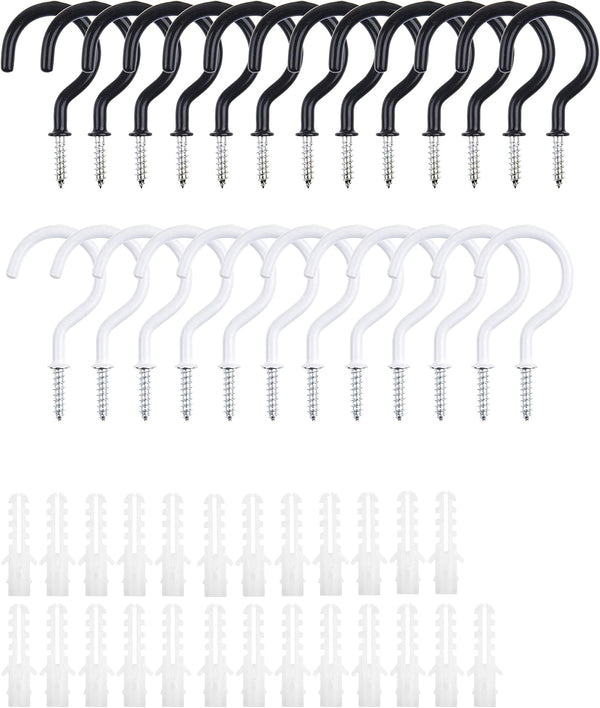 Kare Kind 25 pcs Ceiling Hooks, Rubber Coated with 13x Black and 12x White Hooks for Indoor Outdoor Use
