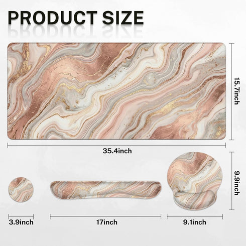 Set 4in1 35.4x15.7 inches Britimes Marble Gold Pink Keyboard Mouse Pad Abstract Glitter Large Mousepad+Keyboard Wrist