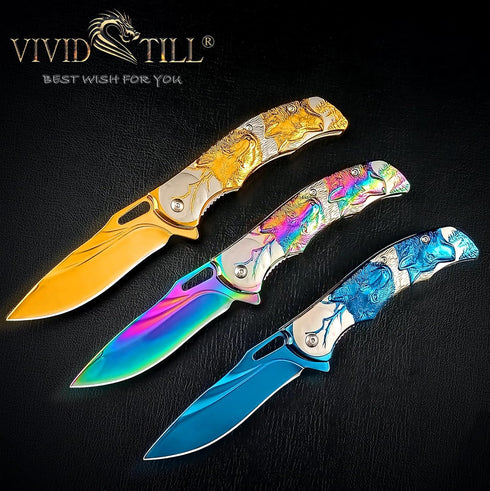 Pocket Knife for Men - Folding Knife with Clip & 3D TITANIUM PLATED WOLF Relief, Gold EDC Knife