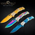 Pocket Knife for Men - Folding Knife with Clip & 3D TITANIUM PLATED WOLF Relief, Gold EDC Knife