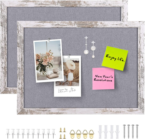 Gray Felt Bulletin Board, Decorative Hanging Boards with White Rustic Wood Frame, Vision Board for Office Home